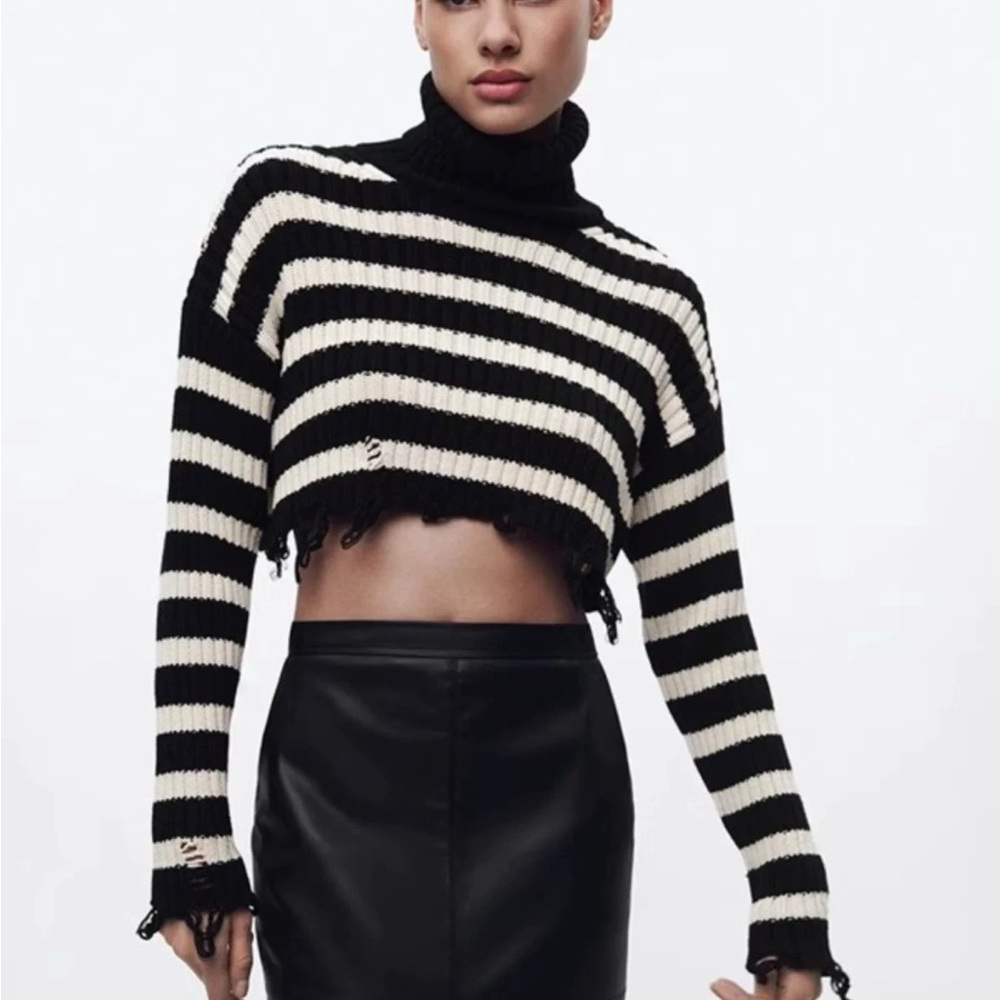 Zara Black and Cream Striped Turtleneck Sweater